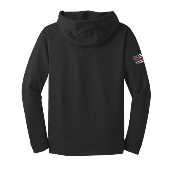 Back of a black Thin Red Line Tactical hoodie