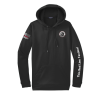 Front of a black Thin Red Line Tactical hoodie with chest logo and sleeve graphics