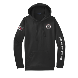 Front of a black Thin Red Line Tactical hoodie with chest logo and sleeve graphics