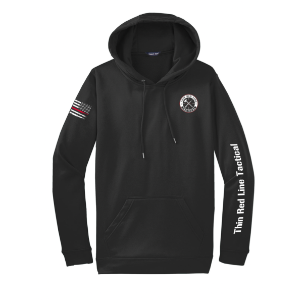 Front of a black Thin Red Line Tactical hoodie with chest logo and sleeve graphics