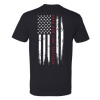Back of a black Thin Red Line Tactical T-shirt with a distressed American flag and red stripe
