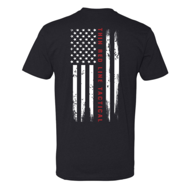 Back of a black Thin Red Line Tactical T-shirt with a distressed American flag and red stripe