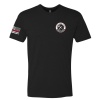 Front of a black TRLT T-shirt with a small chest logo and American flag sleeve