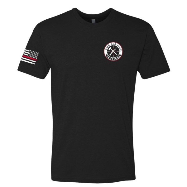 Front of a black TRLT T-shirt with a small chest logo and American flag sleeve