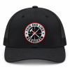 Front view of TRLT Richardson 112 black trucker hat with embroidered logo