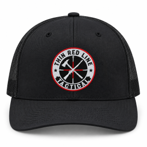 Front view of TRLT Richardson 112 black trucker hat with embroidered logo