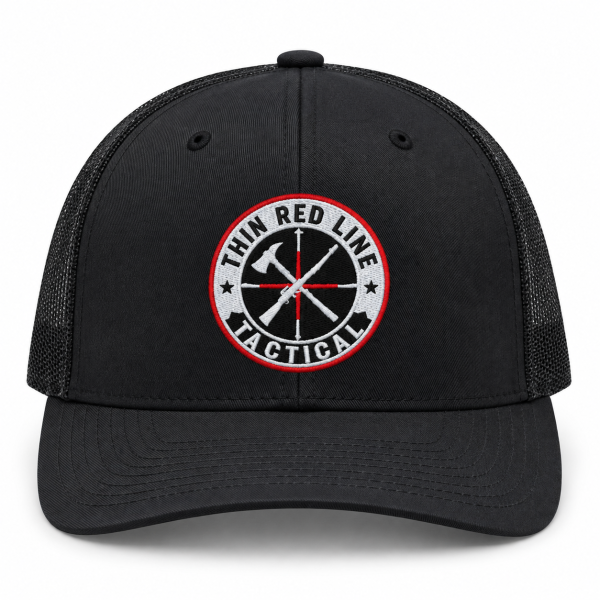 Front view of TRLT Richardson 112 black trucker hat with embroidered logo