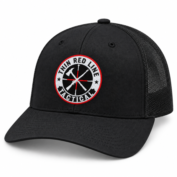 Left angled view of TRLT Richardson 112 black trucker hat
