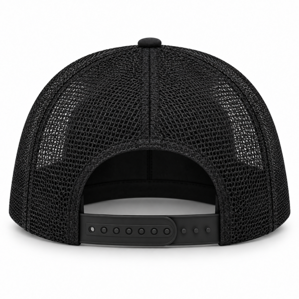 Rear view of TRLT Richardson 112 black mesh trucker hat with snapback closure