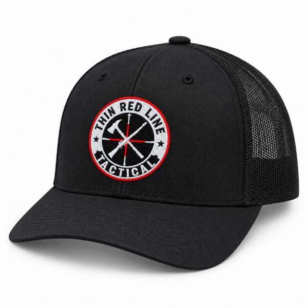 Right angled view of TRLT Richardson 112 black trucker hat