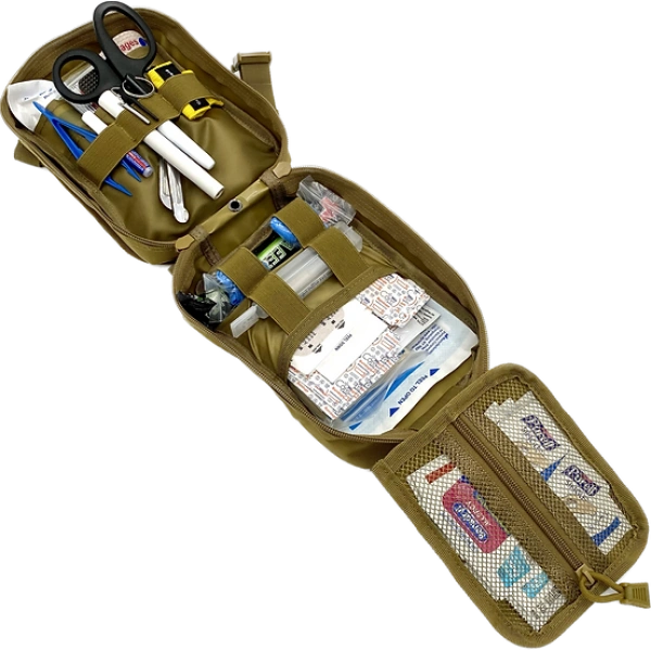 Open tan Wilderness First Aid Kit organizer with supplies secured inside