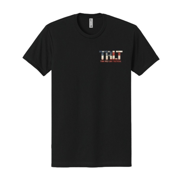 Front of a black TRLT vintage flag T-shirt with a small chest design