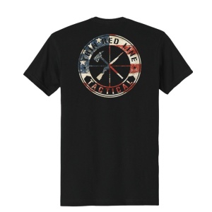 Back of a black TRLT vintage flag T-shirt with a large circular logo