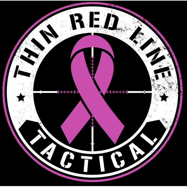 Thin Red Line Tactical circular logo with a pink breast cancer awareness ribbon