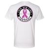 Back of a white TRLT T-shirt with a large pink ribbon logo