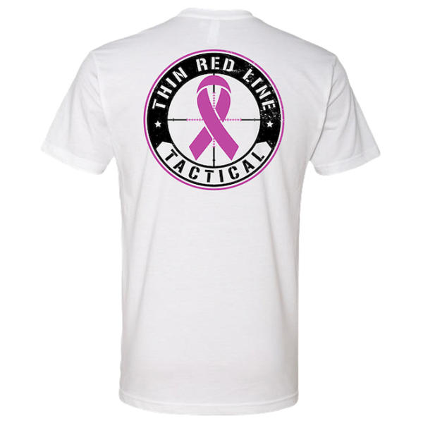 Back of a white TRLT T-shirt with a large pink ribbon logo