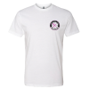 Front of a white TRLT breast cancer awareness T-shirt with a small chest logo
