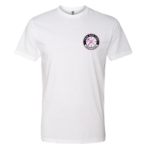 Front of a white TRLT breast cancer awareness T-shirt with a small chest logo