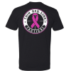 Back of a black TRLT T-shirt with a large pink ribbon logo