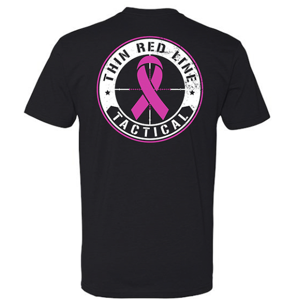 Back of a black TRLT T-shirt with a large pink ribbon logo