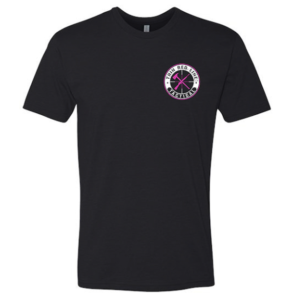 Front of a black TRLT breast cancer awareness T-shirt with a small chest logo