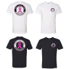 Front and back views of white and black TRLT breast cancer awareness T-shirts