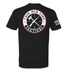 Back of a black Thin Red Line Tactical T-shirt with a large circular logo