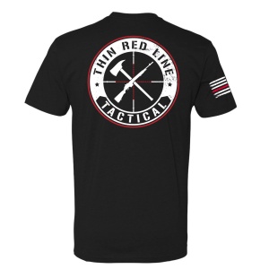 Back of a black Thin Red Line Tactical T-shirt with a large circular logo