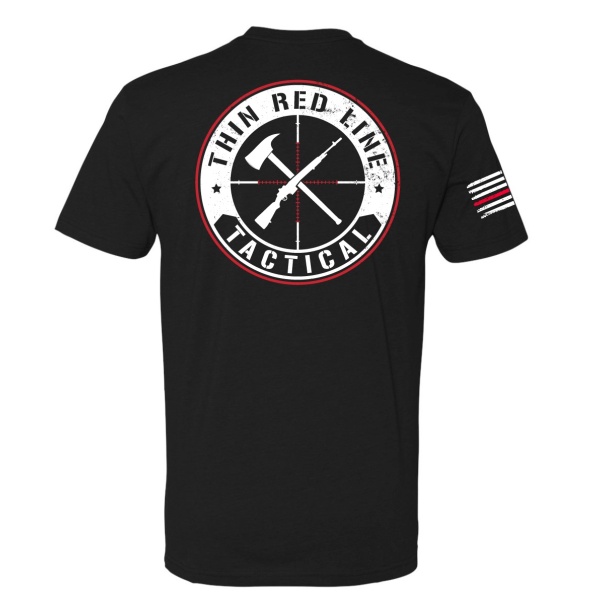 Back of a black Thin Red Line Tactical T-shirt with a large circular logo