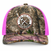 Front view of the TRLT Realtree Edge camouflage hat with neon pink mesh