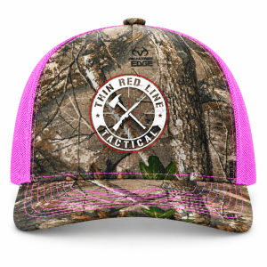 Front view of the TRLT Realtree Edge camouflage hat with neon pink mesh