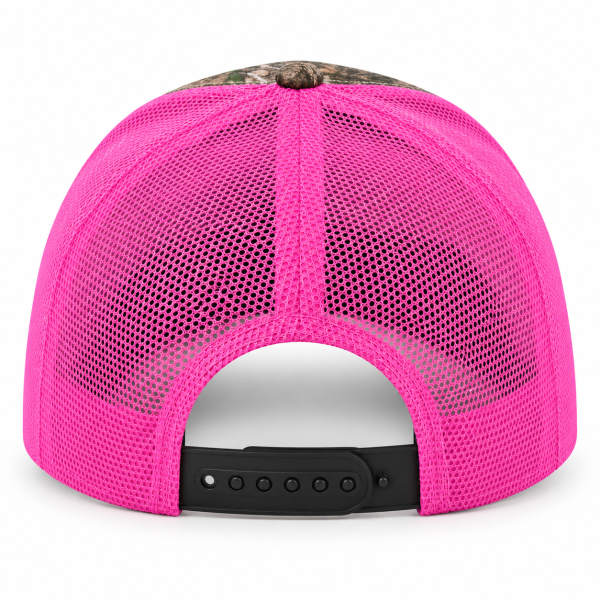 Rear view of neon pink mesh and adjustable black snapback on the TRLT hat
