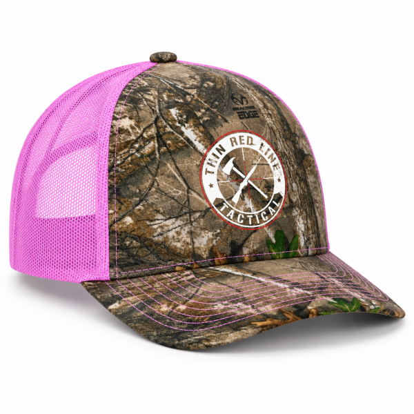 Angled view of the TRLT Realtree Edge and neon pink trucker hat