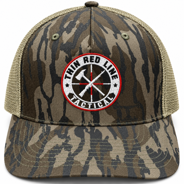 Front view of the TRLT Mossy Oak Bottomland trucker hat with embroidered logo