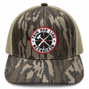 TRLT Richardson 112PFP Mossy Oak Bottomland camouflage trucker hat with embroidered Thin Red Line Tactical logo