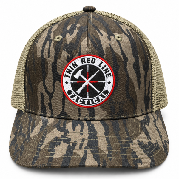 TRLT Richardson 112PFP Mossy Oak Bottomland camouflage trucker hat with embroidered Thin Red Line Tactical logo