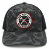 Front view of TRLT Richardson 112PFP Sable Duck and black trucker hat with embroidered logo