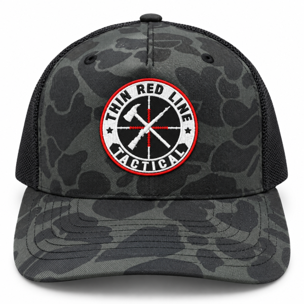 Front view of TRLT Richardson 112PFP Sable Duck and black trucker hat with embroidered logo