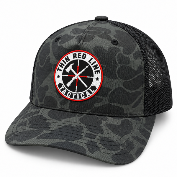 Left angled view of TRLT Richardson 112PFP Sable Duck and black trucker hat