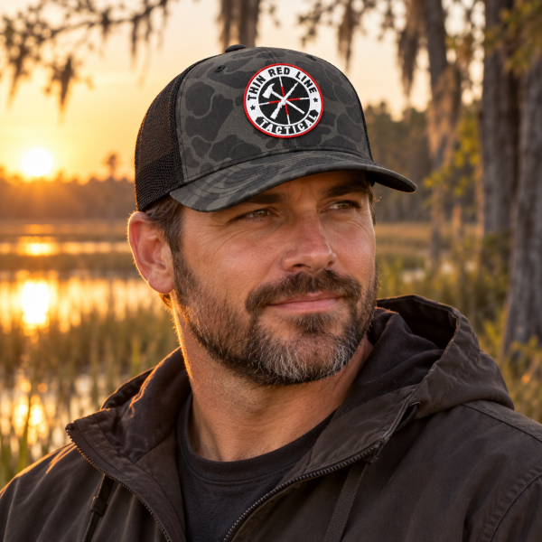 Man wearing the TRLT Richardson 112PFP Sable Duck and black trucker hat